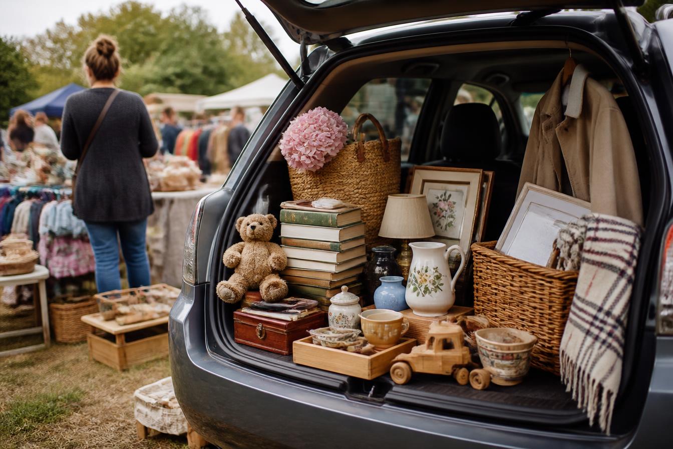 A car boot sale scene with pre-loved goods and market stalls in the background